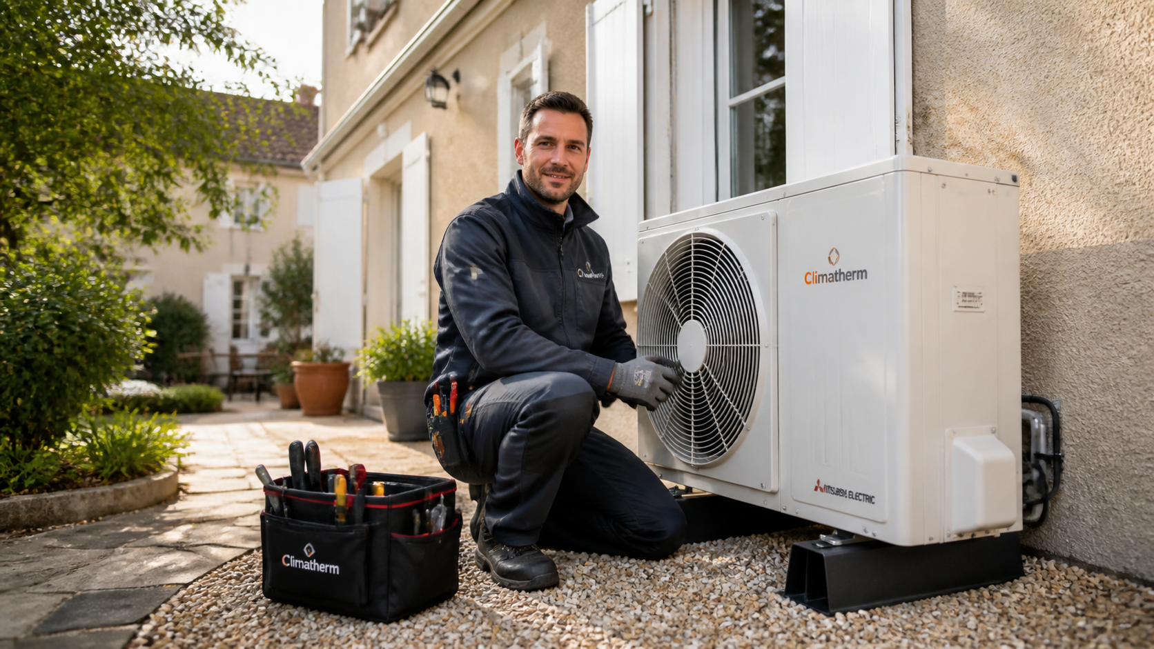 Technicien RGE certifié en train de poser une pompe à chaleur — MPRénovation